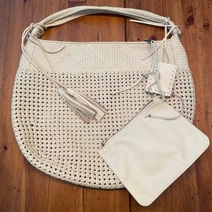 Ralph Lauren cream non-lined leather weave tote bag 16” length x 19” width